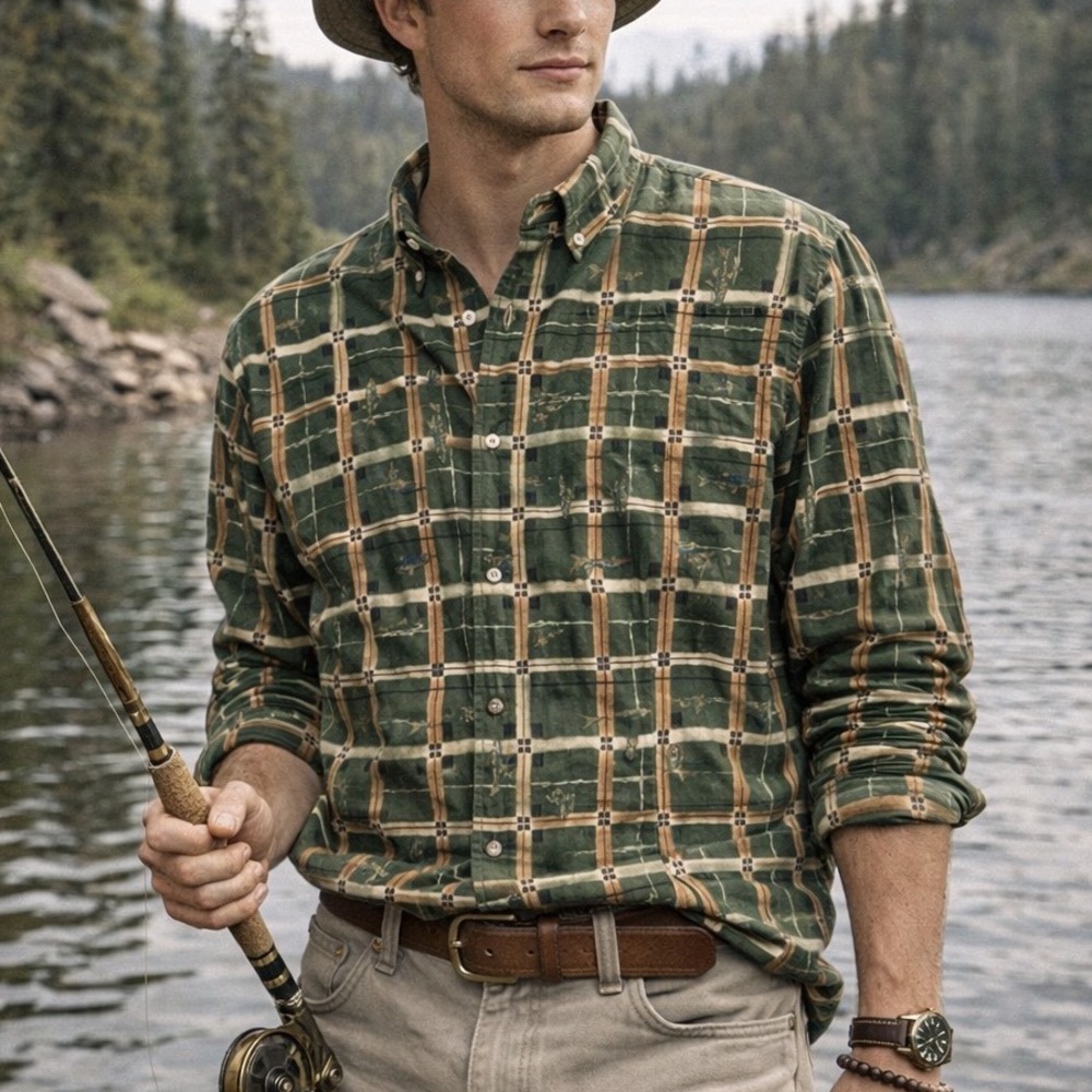 Field‎ Gear Mens Green Plaid Fish Print Cotton Button Shirt Medium Vintage H1